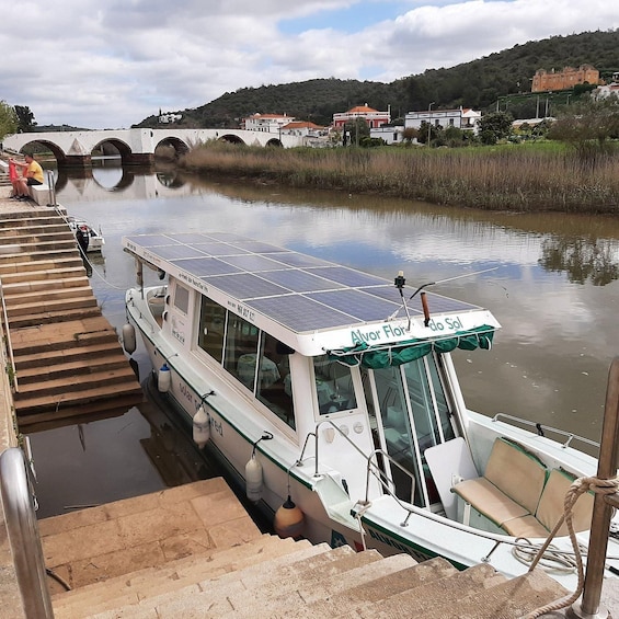 A boat docked at a pier with solar panels, a bridge in the background, and houses on a hill. 3