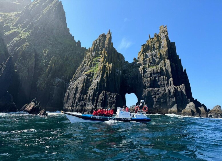 A boat named 'DINGLE BOAT TOURS' navigating near a rock formation with a natural arch. 1