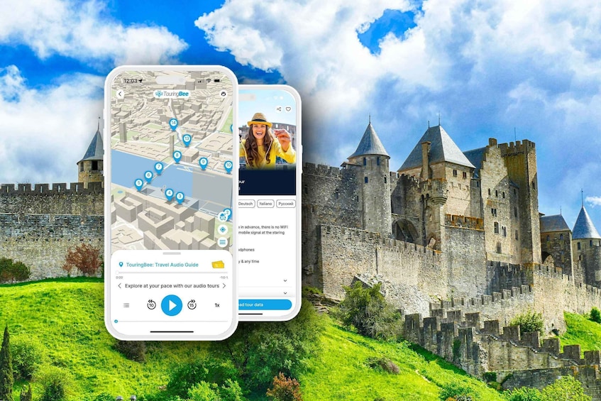 A smartphone displaying a map with a castle in the background. 1