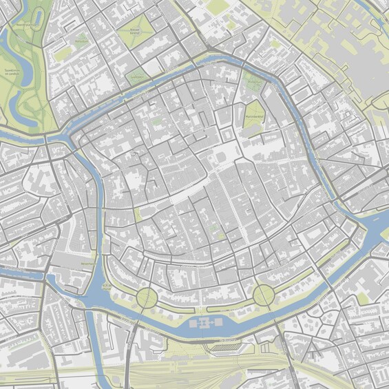 A detailed city map with streets, rivers, and green areas. 3