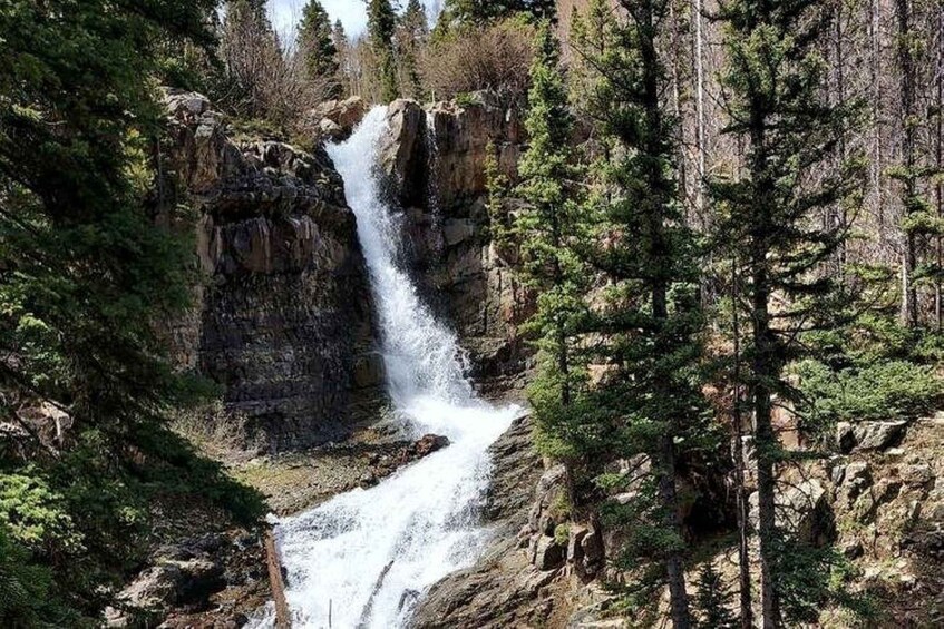 A waterfall cascading down a rocky cliff surrounded by dense forest. 3