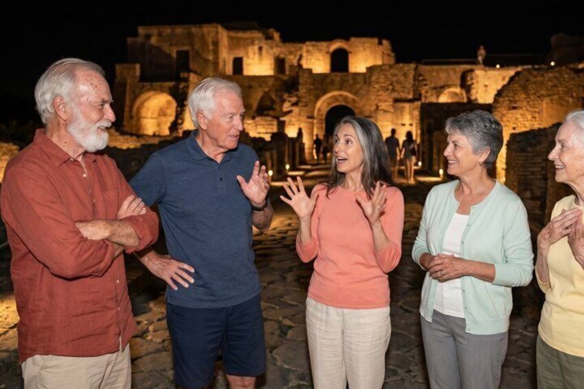 A group of people standing in a historical site with ancient ruins and stone structures. 2