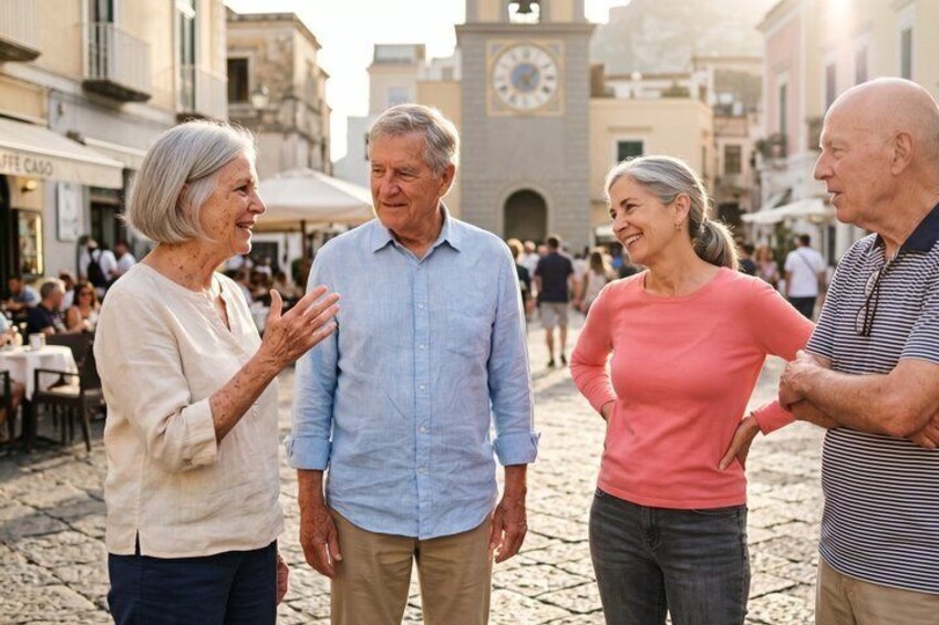 A cobblestone street with people standing and conversing, a clock tower, and buildings with balconies. 1