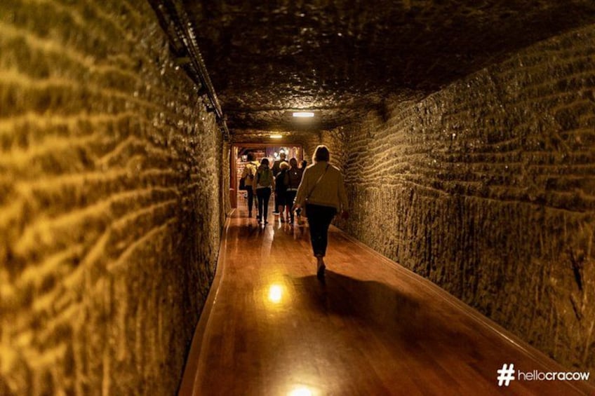 A tunnel with a wooden floor and stone walls. 4