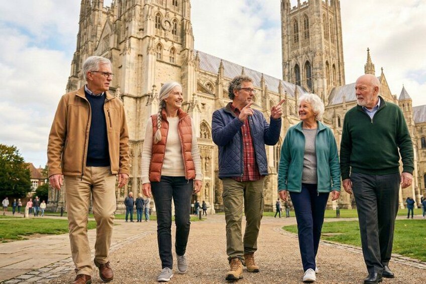 Un gruppo di persone cammina lungo un vialetto di fronte a una grande cattedrale con architettura gotica. 1