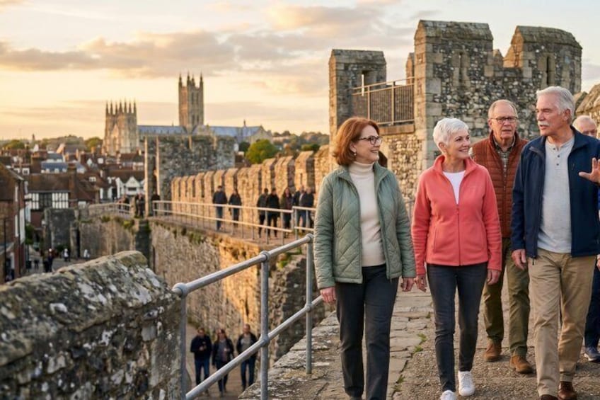 A group of people walking along a stone wall with a historic cityscape in the background. 4