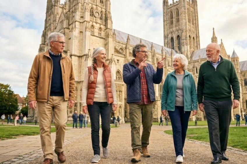 A group of people walking on a path in front of a large cathedral with Gothic architecture. 1