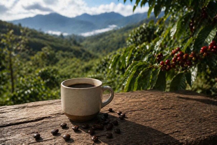 A cup of coffee on a wooden surface with coffee beans scattered around it, set against a backdrop of a lush green landscape with mountains in the distance. 5