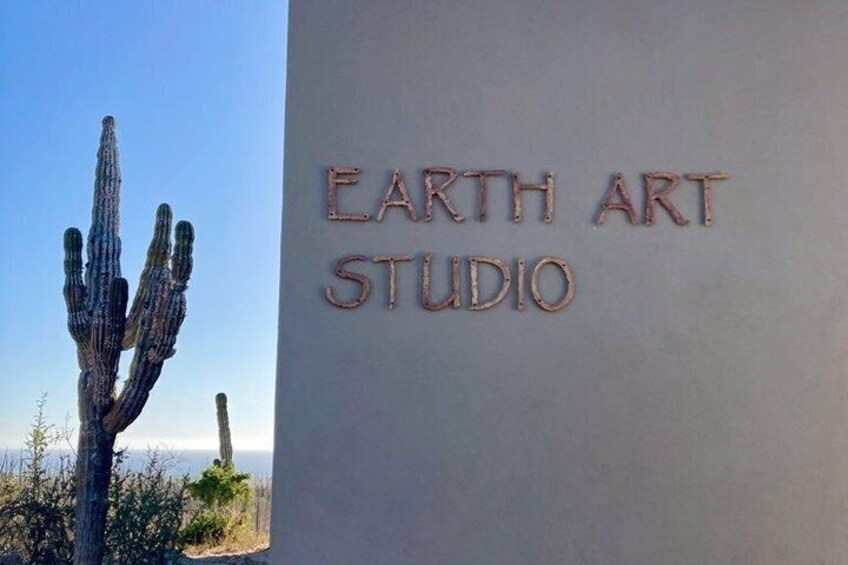 A cacti landscape with the text 'EARTH ART STUDIO' on a wall. 5