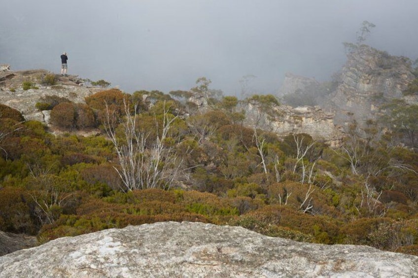 A rocky outcrop with sparse vegetation and a person standing on a cliff overlooking a misty landscape. 5