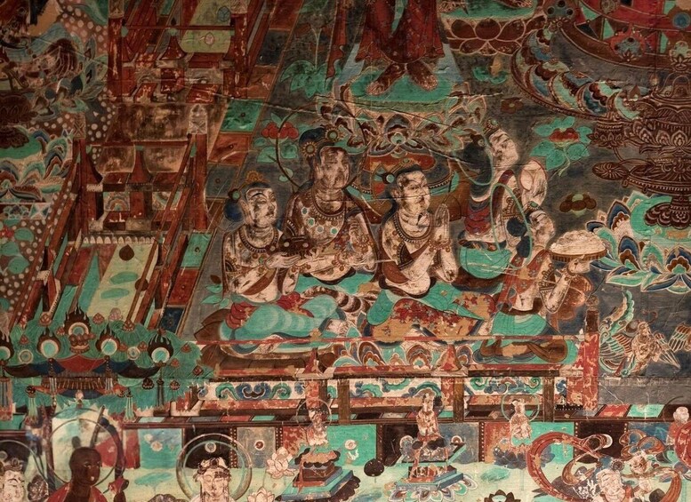 A detailed mural with multiple figures, intricate patterns, and traditional architecture. 5