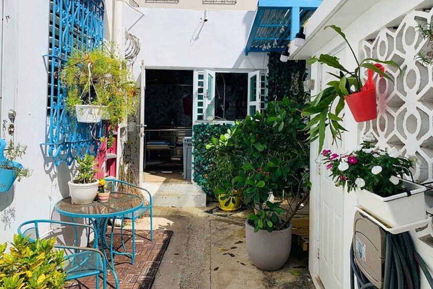 A narrow alley with potted plants, a blue metal chair, and a white door. 5