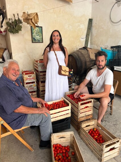 Three people at a market stall with crates of tomatoes. 3