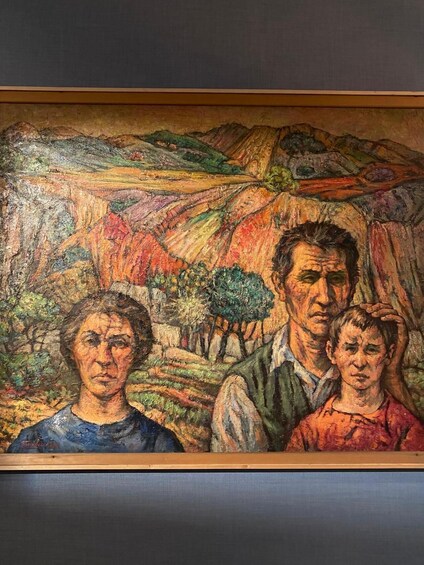 A painting of three figures with a mountainous landscape in the background. 1