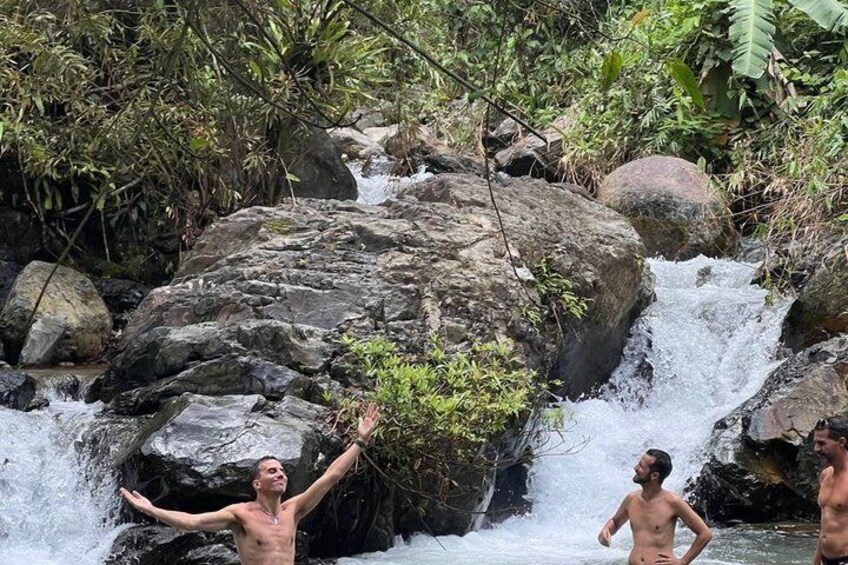 A waterfall, rocky terrain, and lush greenery. 5
