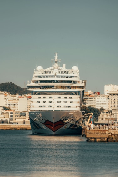 A large cruise ship docked at a port with buildings in the background. 1