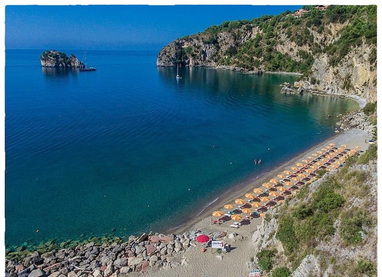 A coastal beach with clear waters, rocky outcrops, and a row of beach umbrellas. 4