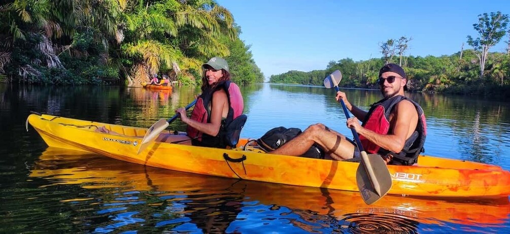 Two people kayaking on a calm river surrounded by lush greenery. 4