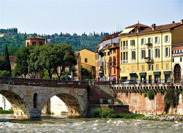 A stone bridge over a river, with buildings and trees in the background. 5