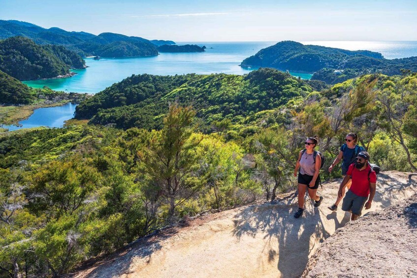 Hikers on a dirt path with a coastal landscape and turquoise waters in the background. 5