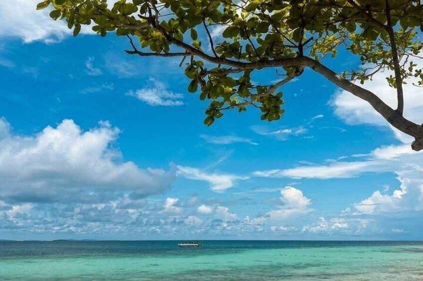 A clear blue sky, turquoise sea, and a boat in the distance. 5