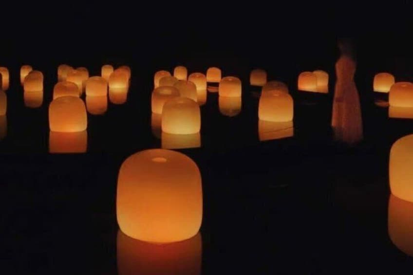 A person walking through a field of glowing lanterns. 3