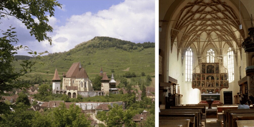 A historic church with a large arched ceiling and stained glass windows. 3