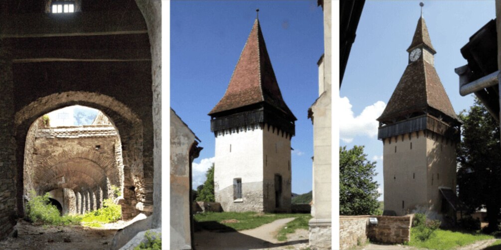 An old stone archway, a white building with a conical roof, and a clock tower. 2