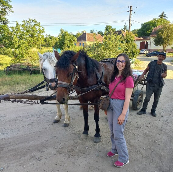 A woman standing between two horses harnessed to a cart on a dirt road, with houses and trees in the background. 1