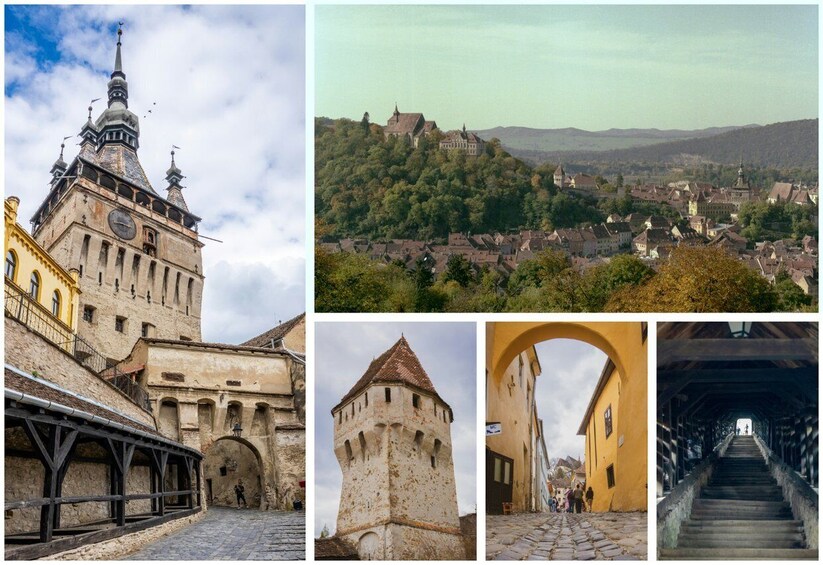 A historic tower, a castle on a hill, a cobblestone street, an archway, and a covered staircase. 4