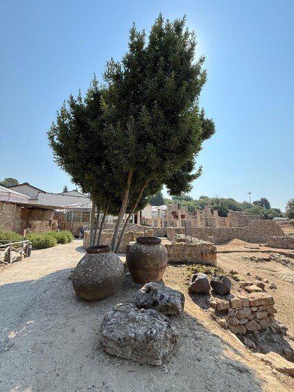 Ancient ruins with stone walls and pottery. 4