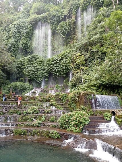 A multi-tiered waterfall surrounded by lush greenery. 4