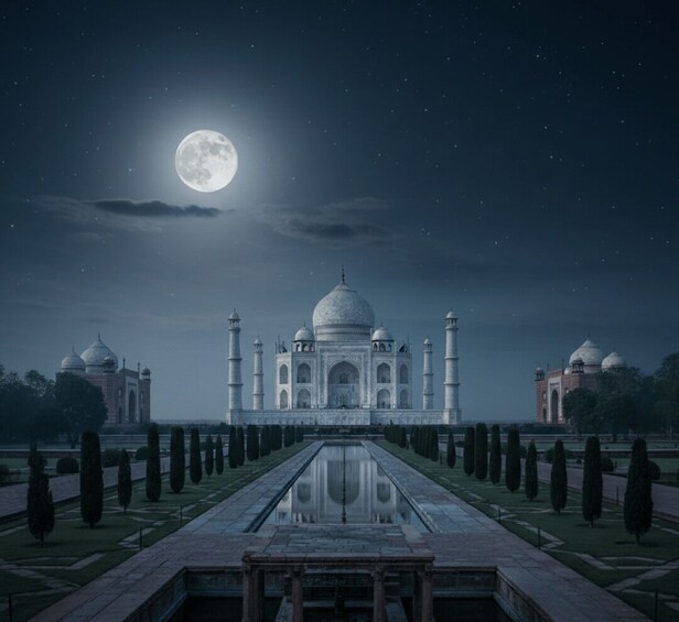 The Taj Mahal at night with a full moon in the sky. 1