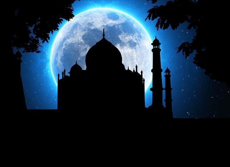 A silhouette of a grand mosque with a large dome and minarets, set against a backdrop of a full moon. 5