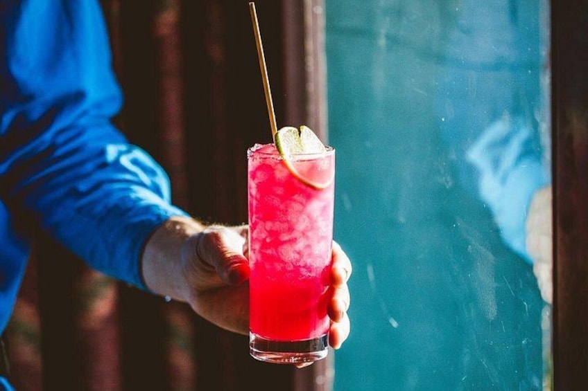 A person holding a tall glass with a red drink, ice cubes, and a lime wedge. 2