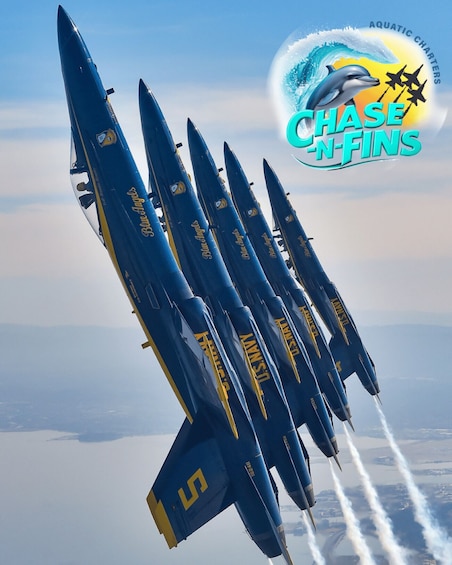 A formation of blue and yellow jets with 'Blue Angels' and 'U.S. Navy' markings, flying in a coordinated pattern. 5
