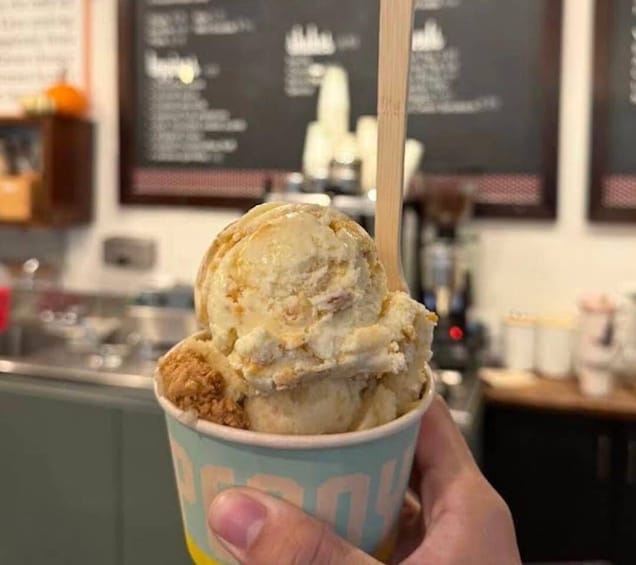 A hand holding a cup of ice cream with a wooden stick. 2