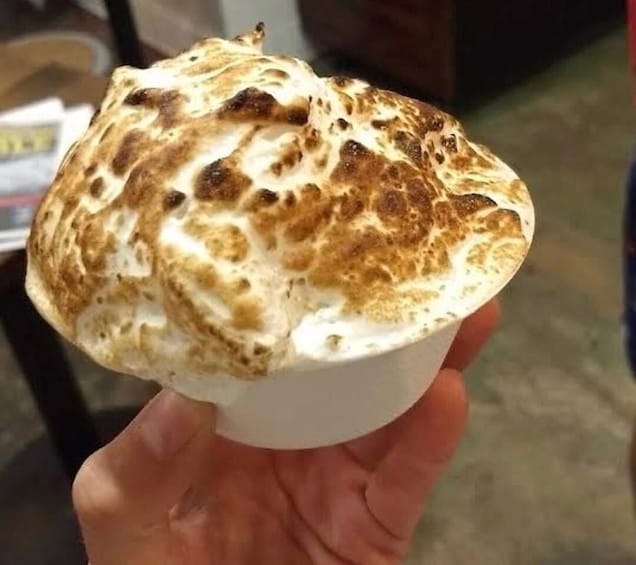 A hand holding a cup with a frothy beverage topped with a toasted surface. 3