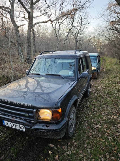A black Land Rover with a visible license plate 'A 1210 MP' parked on a leaf-covered path in a wooded area. 5