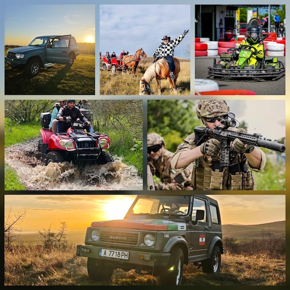A variety of vehicles including a pickup truck, a horse-drawn carriage, a go-kart, a quad bike, and a military vehicle. 1