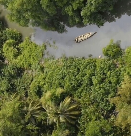 A boat on a river surrounded by dense green foliage. 5