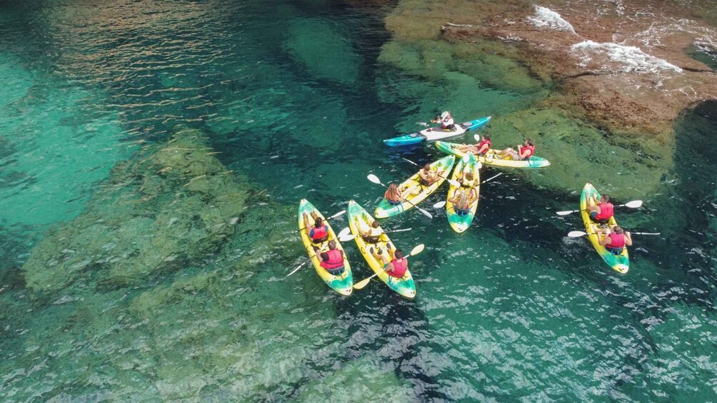 A group of kayakers on a clear, shallow body of water with rocky edges. 3