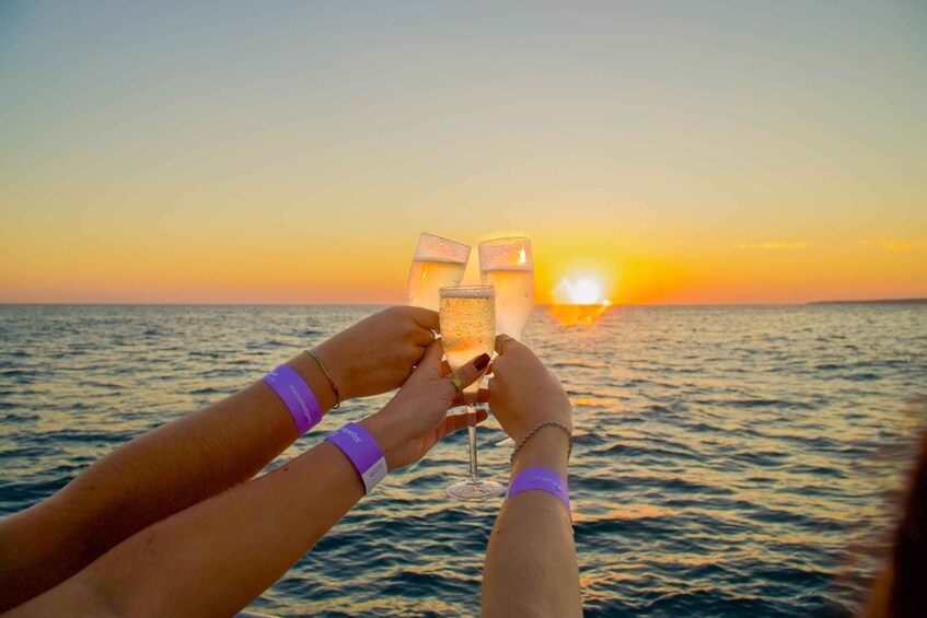 Two people toasting with champagne glasses against a sunset over the ocean. 3