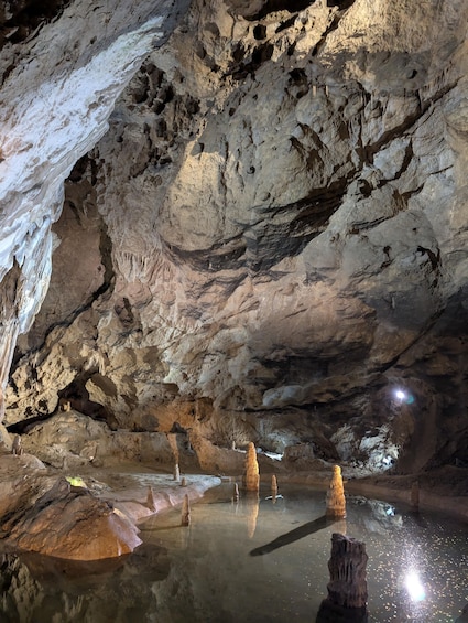 A cave interior with stalactites, stalagmites, and a reflective water pool. 3