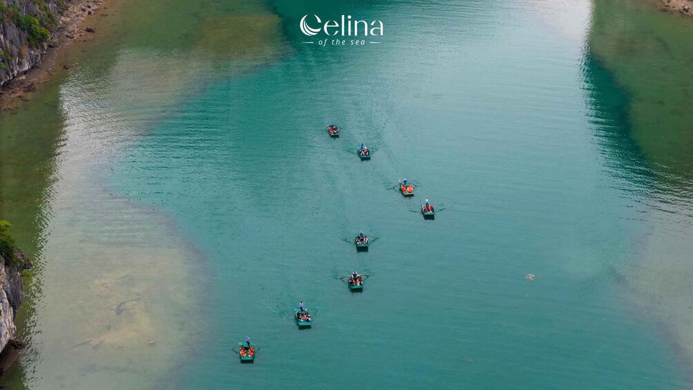 A group of boats on a turquoise sea with a rocky shoreline. 5