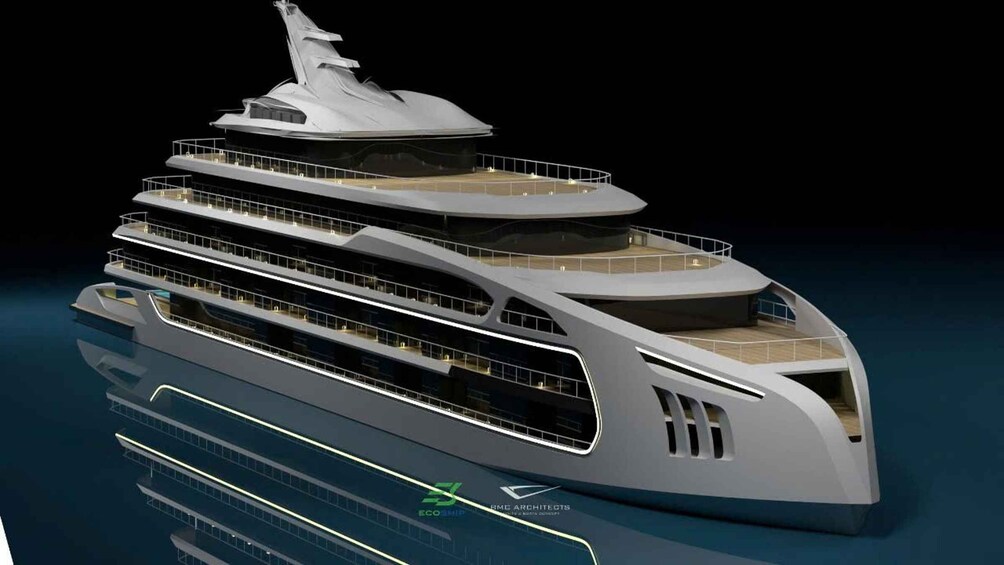 A modern multi-deck yacht with a sleek design and multiple levels of balconies. 1