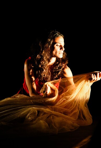 A person in a red dress holding a translucent fabric. 2