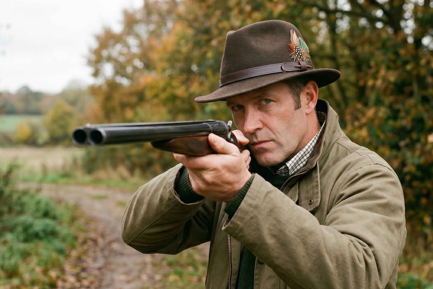 A person aiming a shotgun in a rural outdoor setting. 4