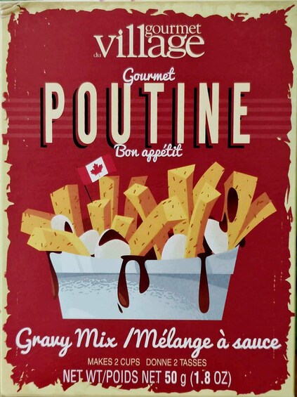 A box of Gourmet Poutine mix with a Canadian flag, gravy mix, and sauce. 4