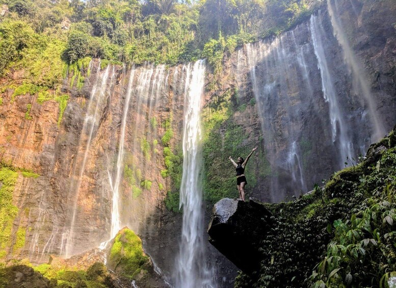 A waterfall with a person standing on a rock with arms raised. 5